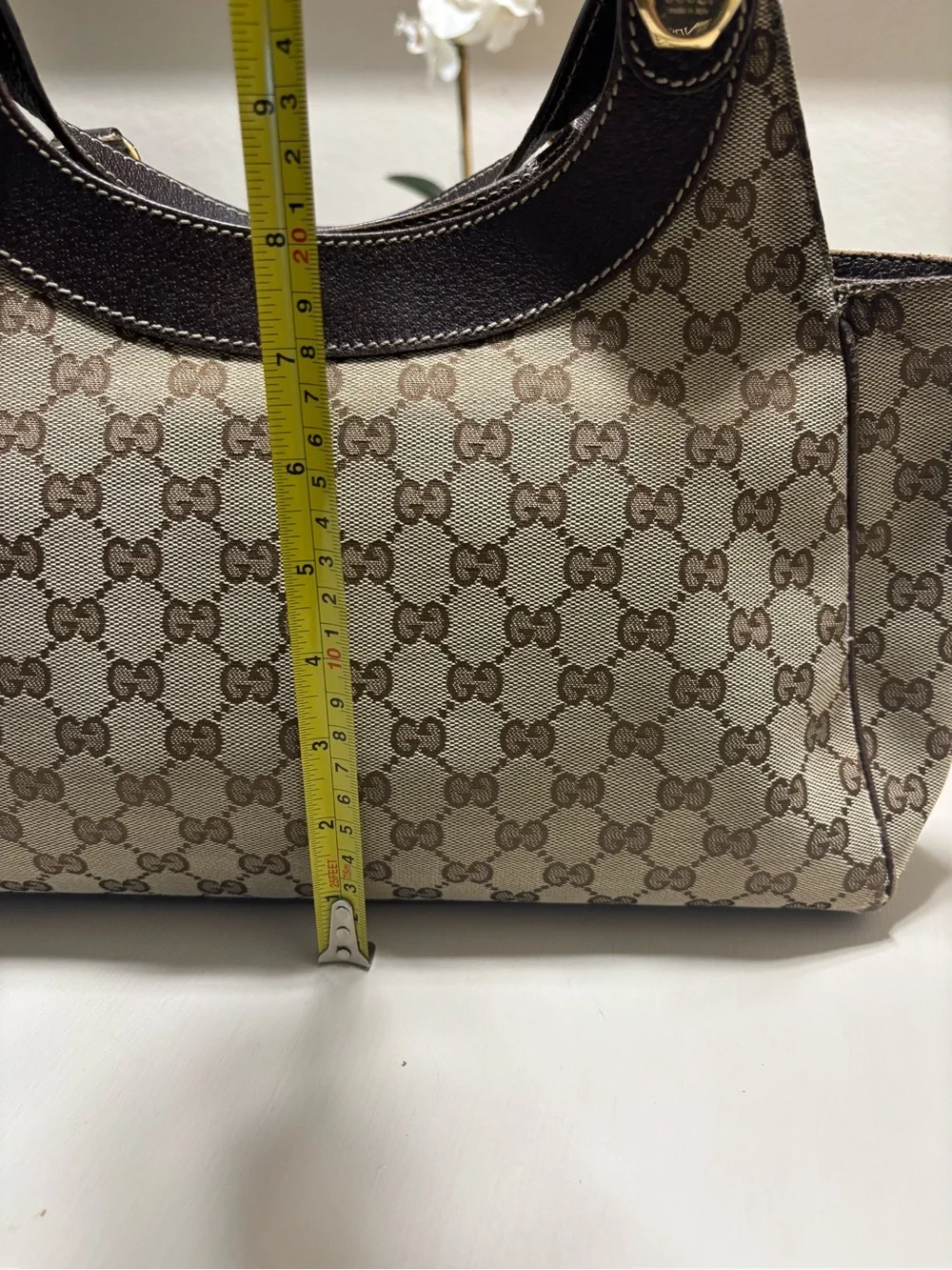 Gucci Beige/Brown Monogram Canvas Shoulder Bag with Dark Brown Trim